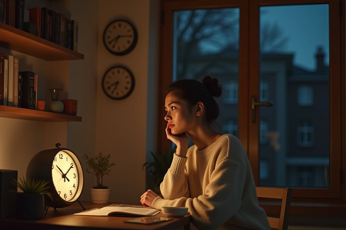 Femme contemplative regardant une horloge affichant 21h21, symbolisant l'heure miroir et son interprétation spirituelle