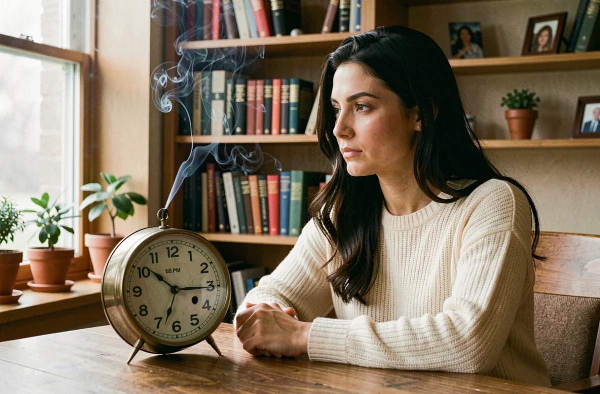 Femme contemplant une horloge analogique affichant 18h18, entourée de livres d'astrologie dans un bureau cosy