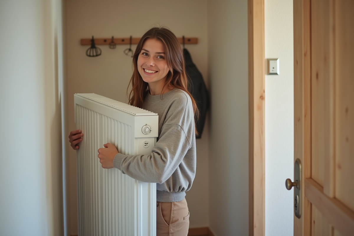 Jeune femme souriante prépare un radiateur neuf pour installation