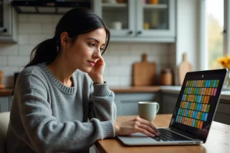 Femme jouant au jeu Motus en ligne sur un ordinateur portable dans une cuisine moderne