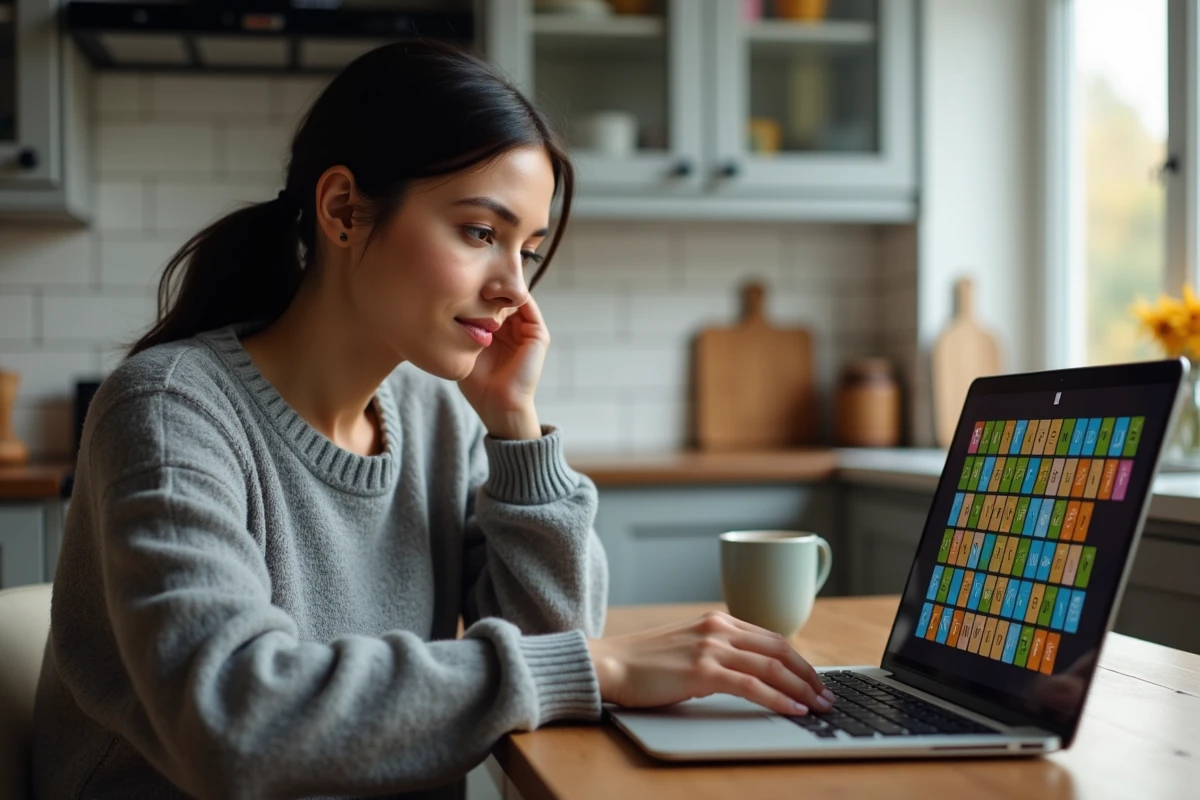 Femme jouant au jeu Motus en ligne sur un ordinateur portable dans une cuisine moderne