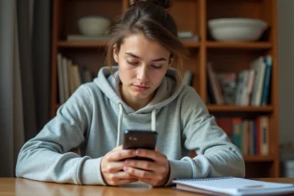 Jeune femme concentrée qui joue à 4 images 1 mot sur son smartphone, assise à un bureau en bois dans un bureau à domicile cosy