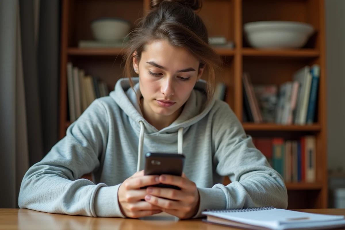 Jeune femme concentrée qui joue à 4 images 1 mot sur son smartphone, assise à un bureau en bois dans un bureau à domicile cosy