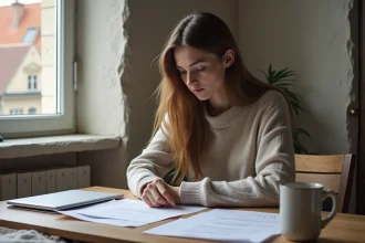 Jeune femme lisant des documents dans une cuisine française