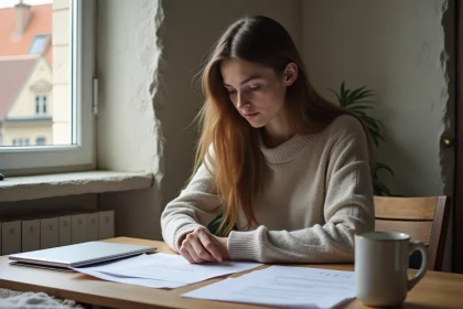 Jeune femme lisant des documents dans une cuisine française