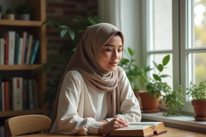 Jeune femme lisant un Quran dans un cadre paisible