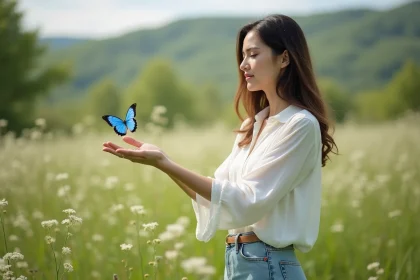 Femme dans la prairie avec papillon bleu posé sur la main