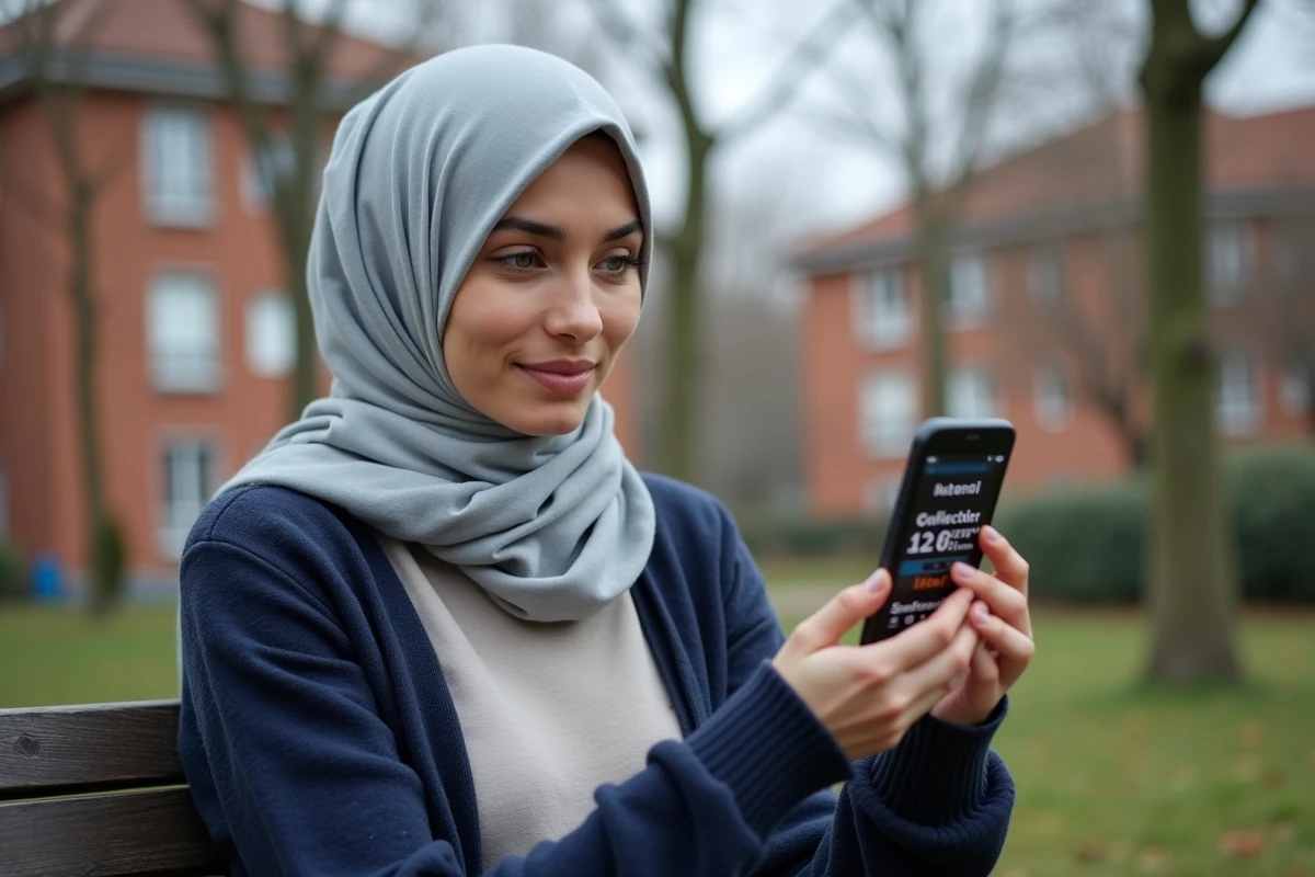 Jeune femme musulmane consultant les horaires de prière sur smartphone à Mons-en-Barœul avec dates hijri et grégoriennes