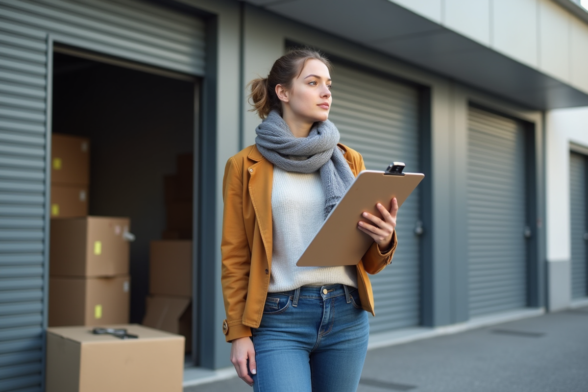 Femme avec un clipboard devant un centre de stockage à Strasbourg