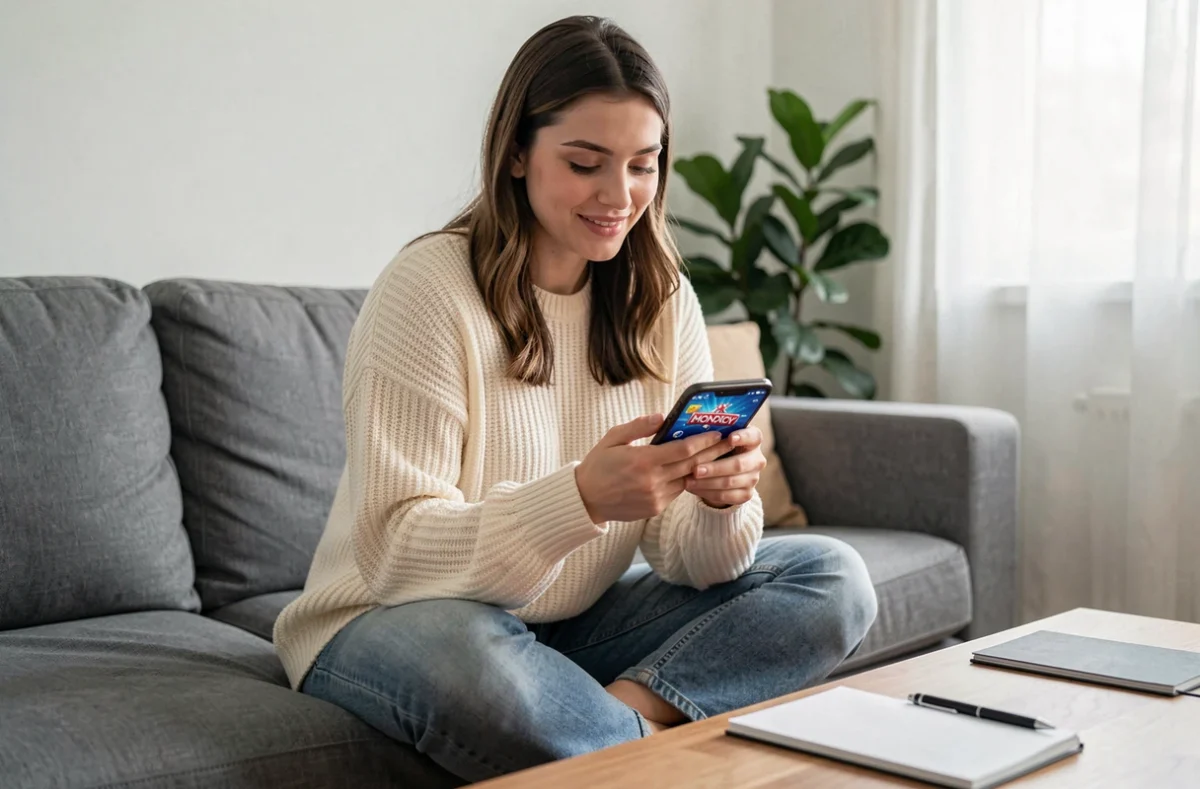 Jeune femme organisant son club Tycoon sur Monopoly Go depuis son canapé avec un smartphone