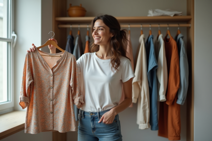Femme souriante triant ses vêtements dans sa chambre moderne