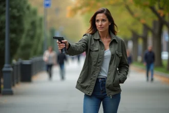 Femme en veste casual tenant un spray au poivre sur le trottoir