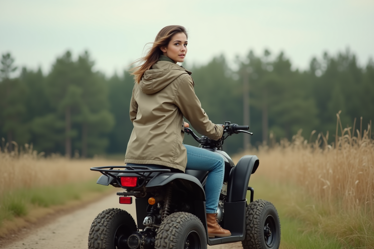 Jeune femme à cheval sur un quad en campagne