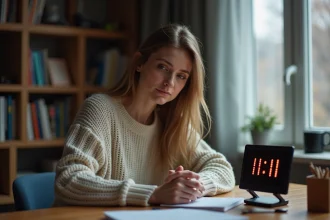 Femme assise à son bureau regardant l'horloge 11h11