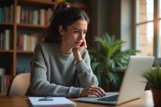 Femme lisant un article de blog sur un ordinateur portable avec une expression sceptique, symbolisant la question de la fiabilité d'Échelle de Jacob Blogspot