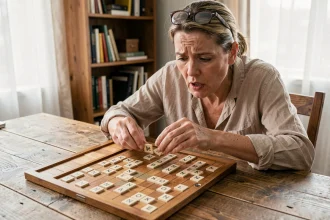 Femme jouant au Scrabble et hésitant sur la validité d'un mot sur un plateau en bois