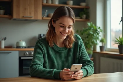 Femme souriante jouant à Monopoly GO dans la cuisine