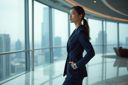 Femme élégante en costume navy regardant la ville futuriste