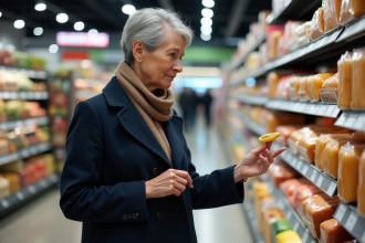 Femme française comparant les prix dans un supermarché
