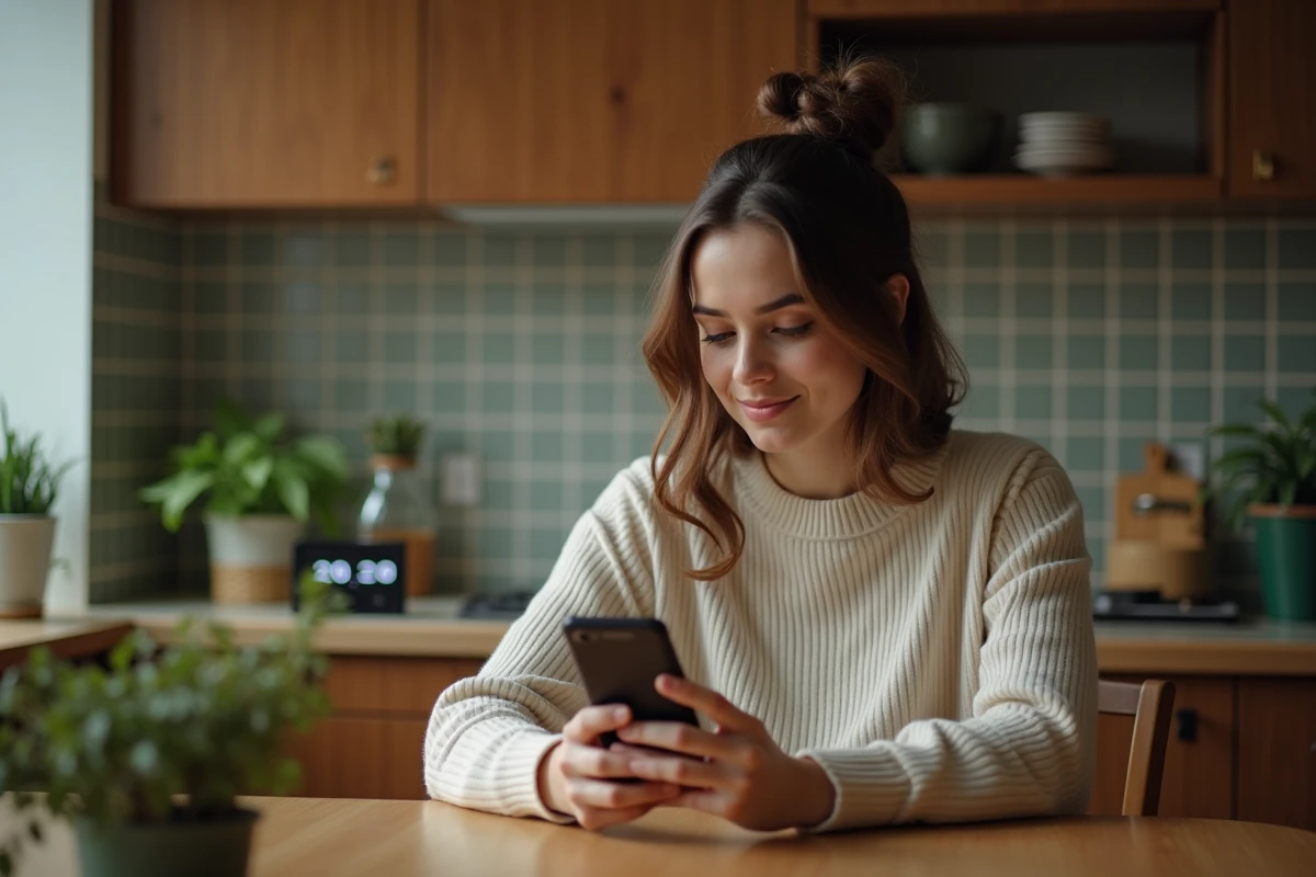 Femme seule regardant son horloge dans une cuisine chaleureuse