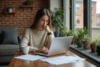 Jeune femme travaillant à la maison dans un appartement cosy