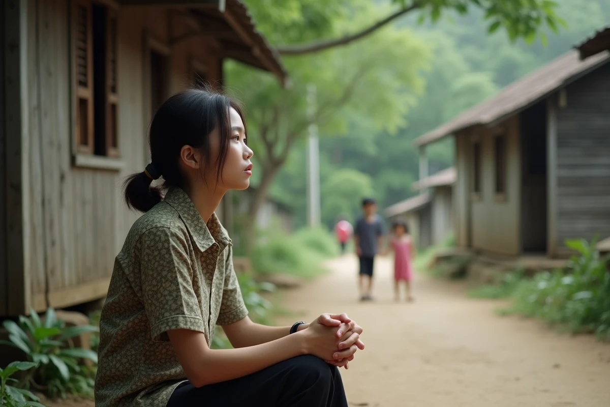 Jeune femme vietnamienne assise devant maison rurale