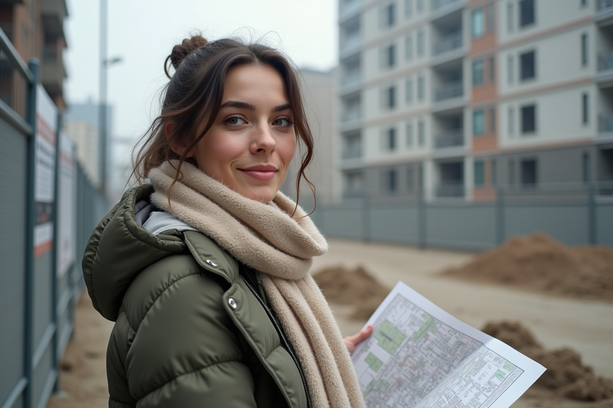 Jeune femme tenant une carte de zonage en extérieur