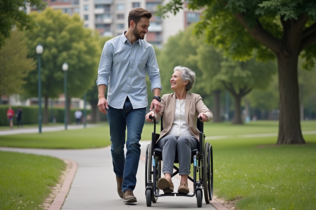 Jeune homme poussant sa mère en fauteuil dans un parc français