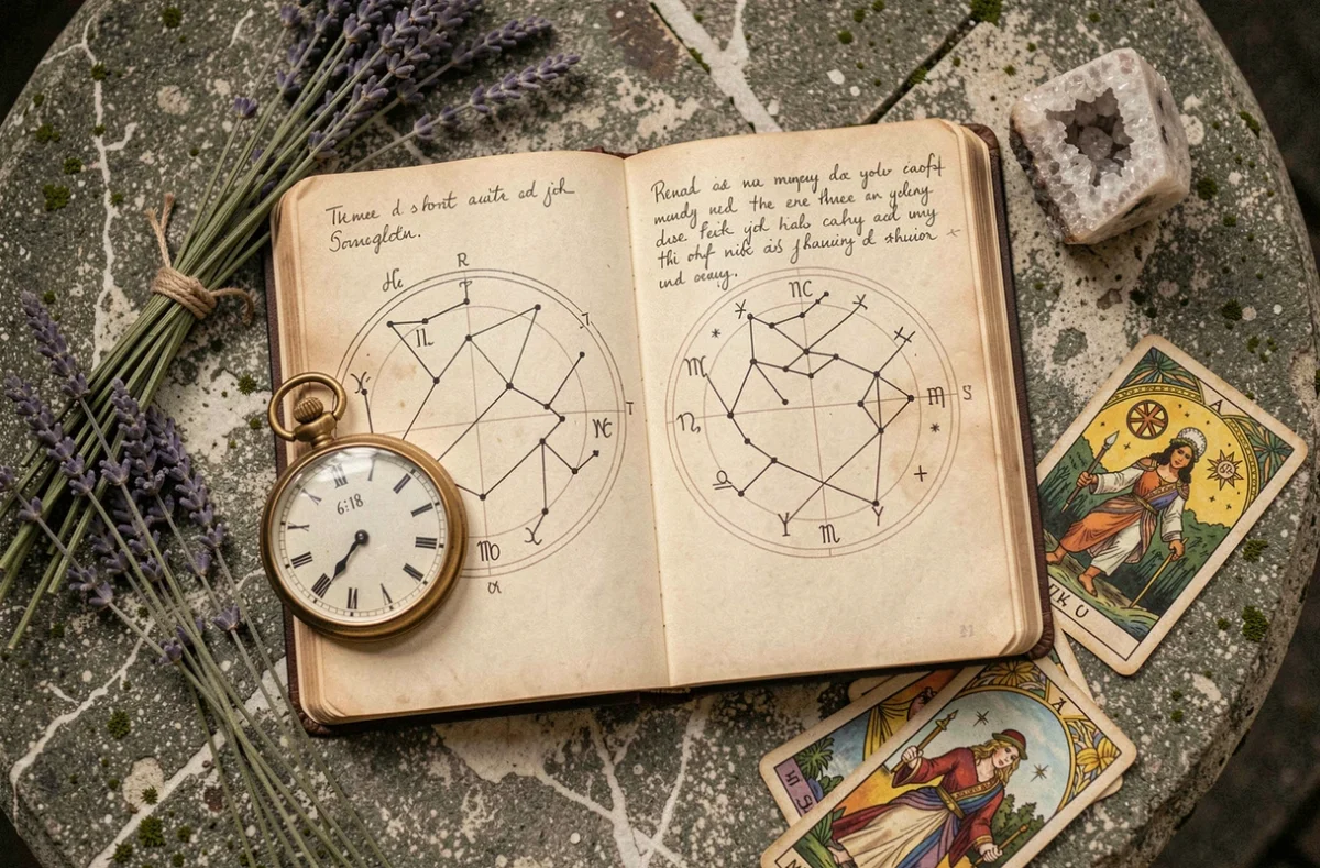 Mise à plat d'un journal astrologique, d'une montre de poche à 18h18 et d'accessoires ésotériques sur une table en pierre