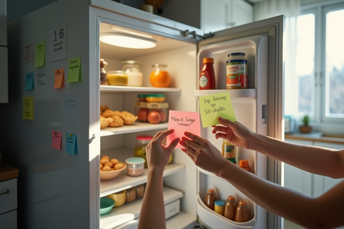 Main atteignant des aliments dans un frigo partagé lumineux