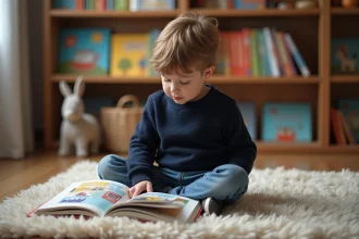 Jeune garçon lisant un livre dans un intérieur chaleureux