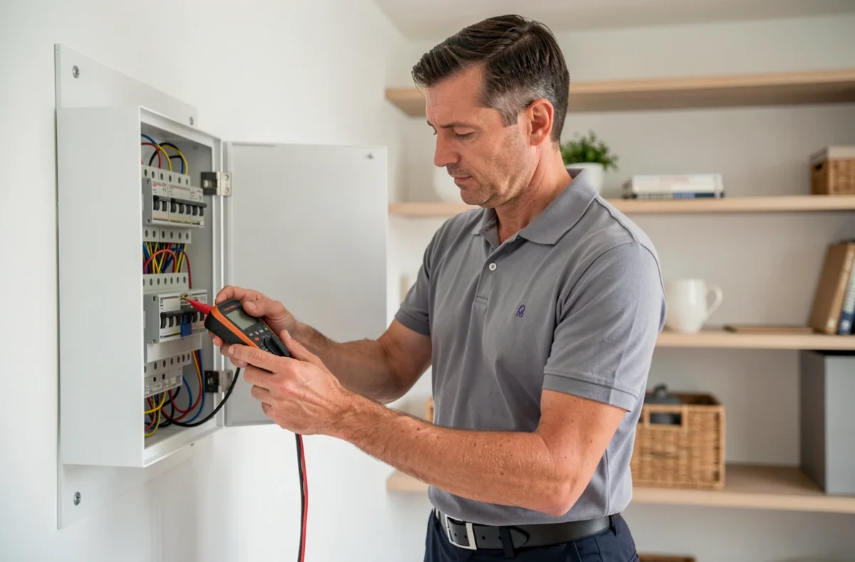 Électricien de Gauthier Électricité utilisant un multimètre pour tester un tableau électrique dans une maison moderne