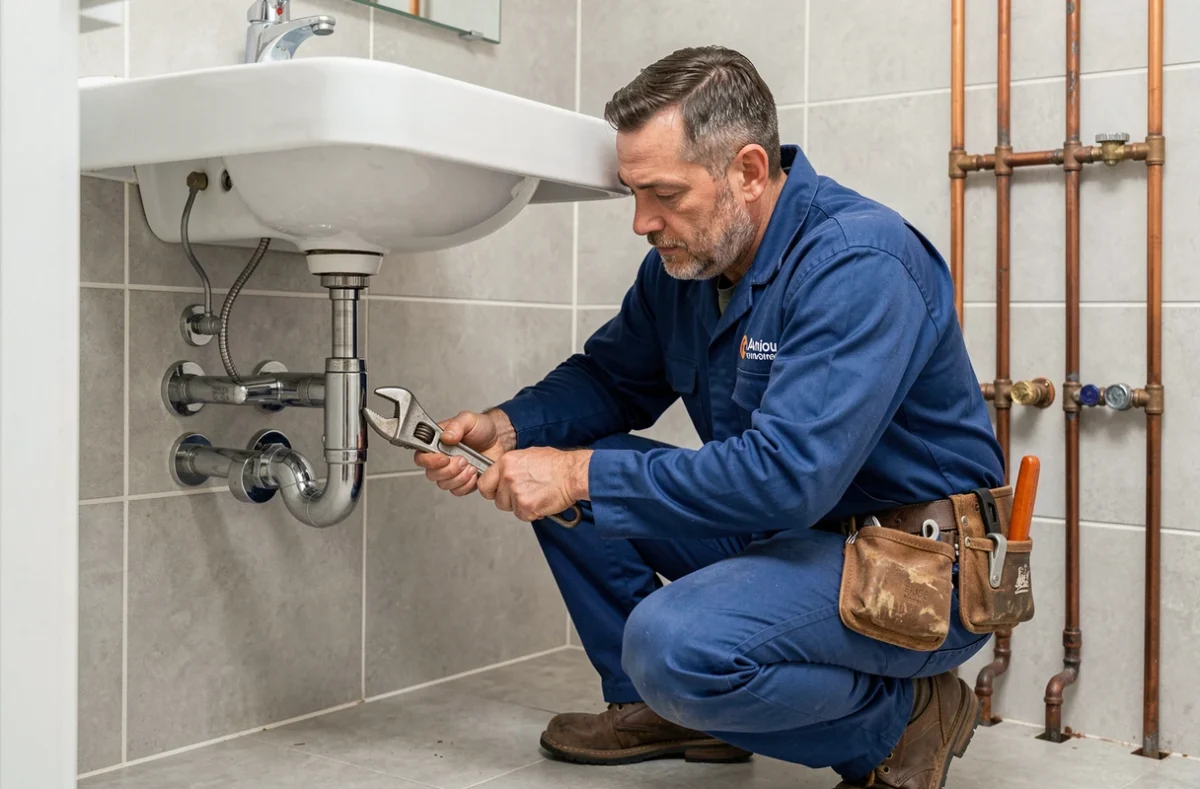 Plombier chauffagiste en Anjou travaillant sous un lavabo avec une clé à pipe sur des raccords chromés