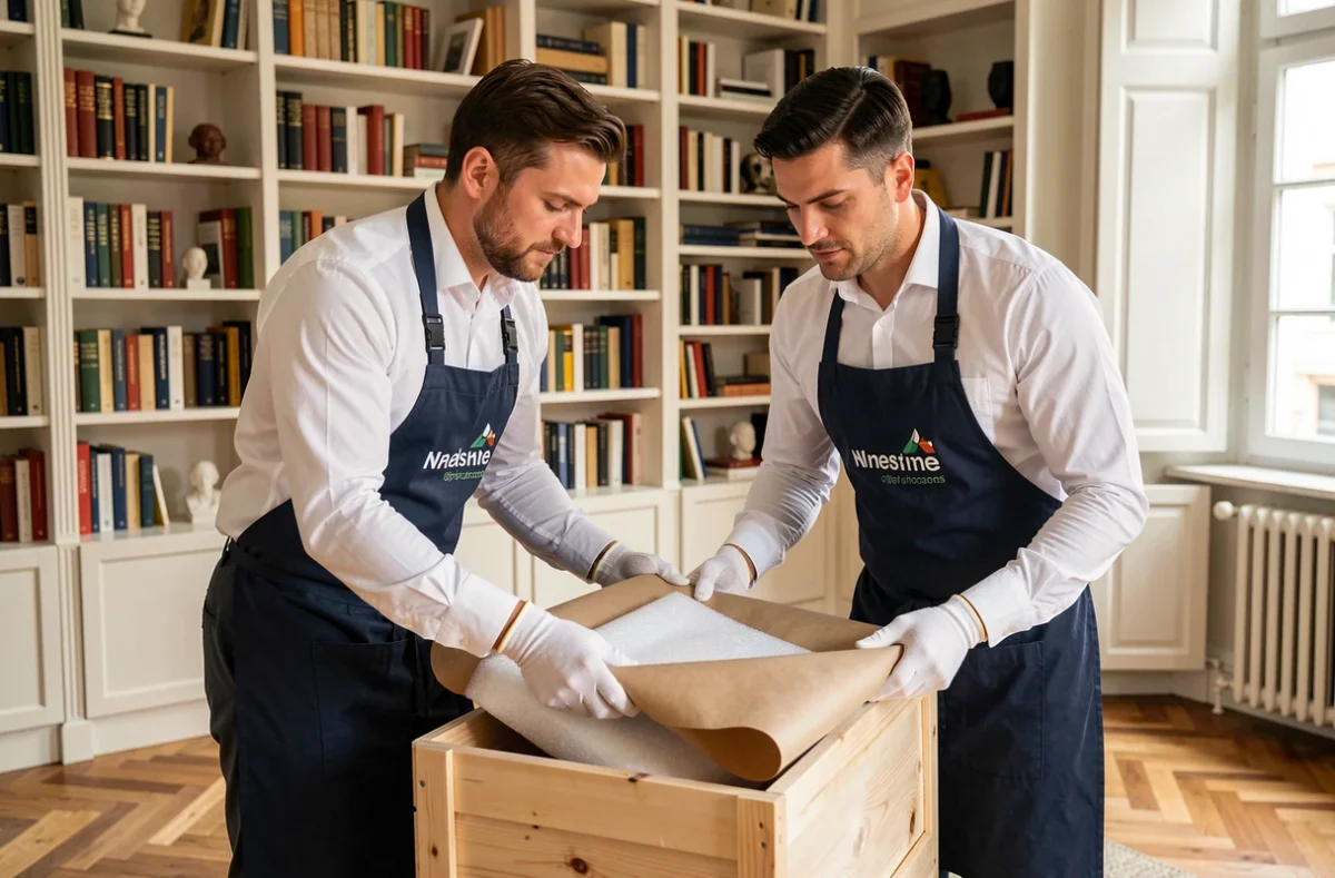 Deux déménageurs Les Gentlemen du Déménagement emballant une œuvre d'art avec soin dans un appartement haut de gamme à Lyon