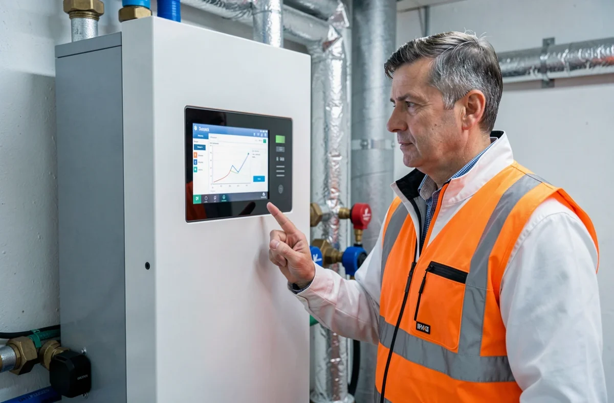 Spécialiste en géothermie inspectant une pompe à chaleur géothermique dans une chaufferie moderne en Pays de la Loire