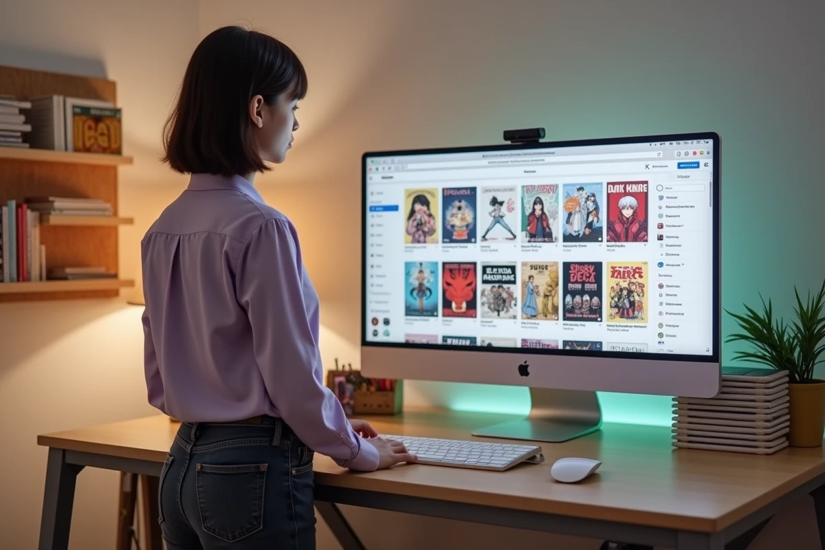 Femme gérant et triant sa bibliothèque numérique de mangas sur grand écran de bureau dans un espace de travail organisé