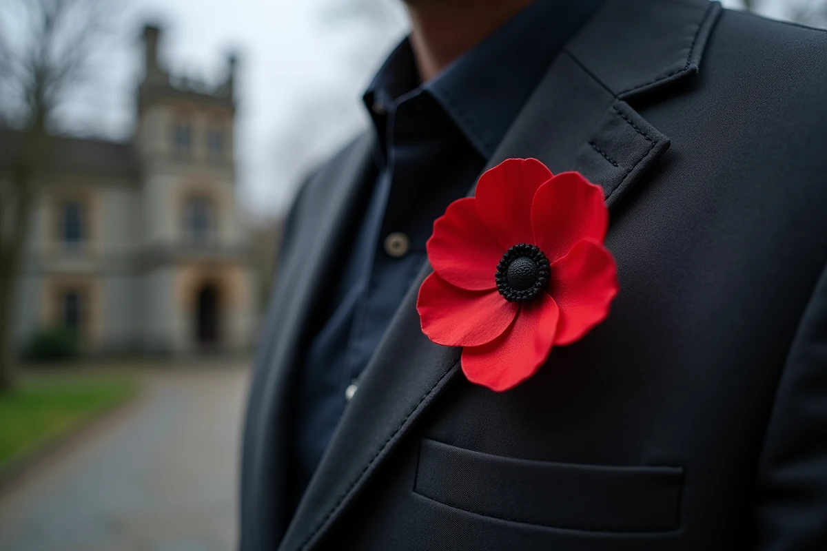 Gros plan d'un coquelicot rouge épinglé sur le revers gauche d'un costume sombre lors des commémorations du 11 novembre