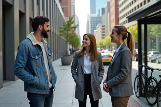 Groupe d'adultes divers discutant près d'un arrêt de bus en ville