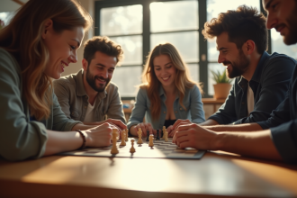 Groupe d'amis jouant à un jeu de société stratégique