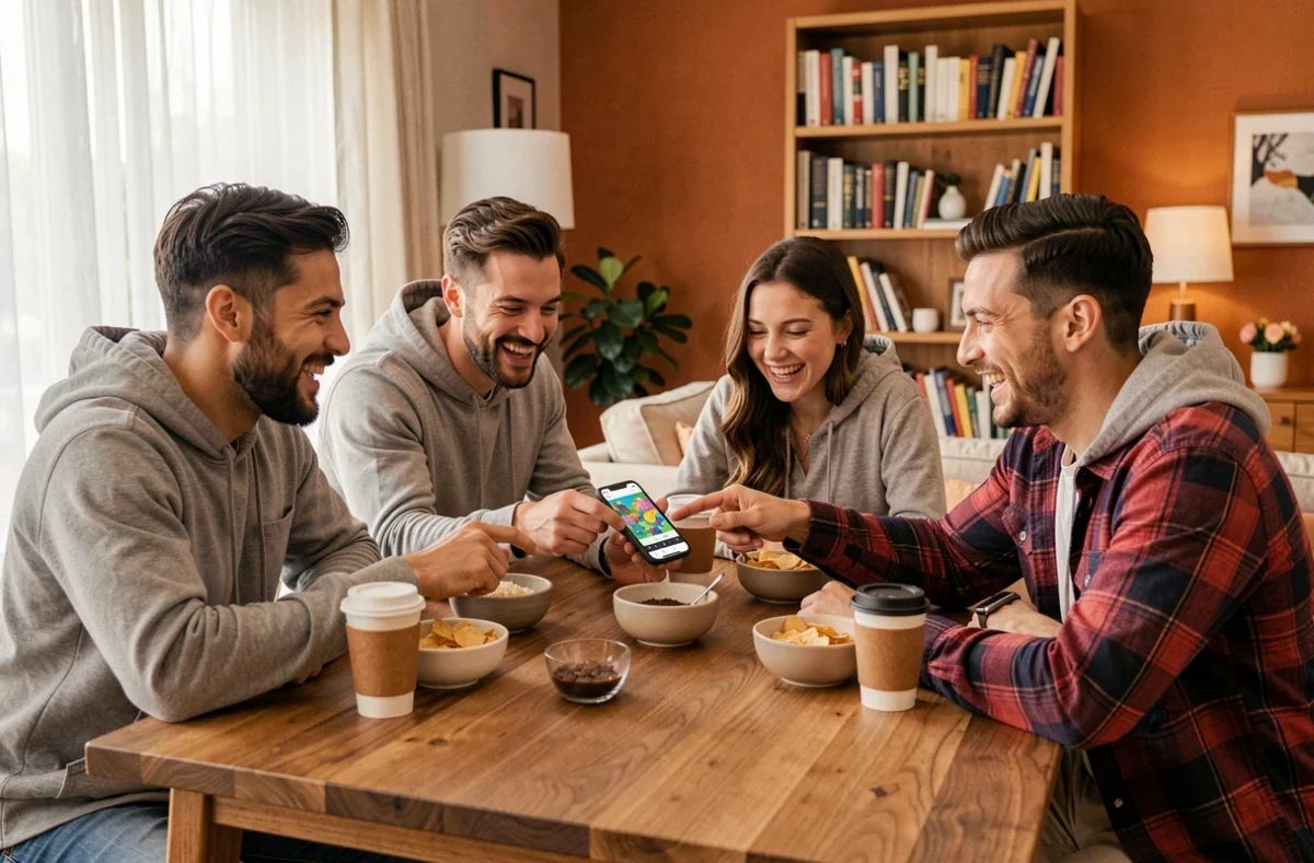 Groupe d'amis réunis autour d'une table jouant ensemble à Monopoly Go sur smartphone pour un Tycoon Club actif