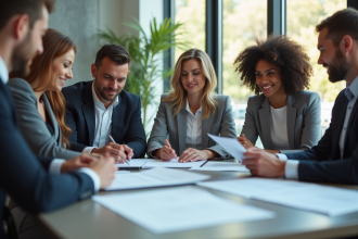 Groupe de professionnels souriants dans un bureau lumineux