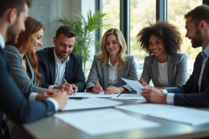 Groupe de professionnels souriants dans un bureau lumineux