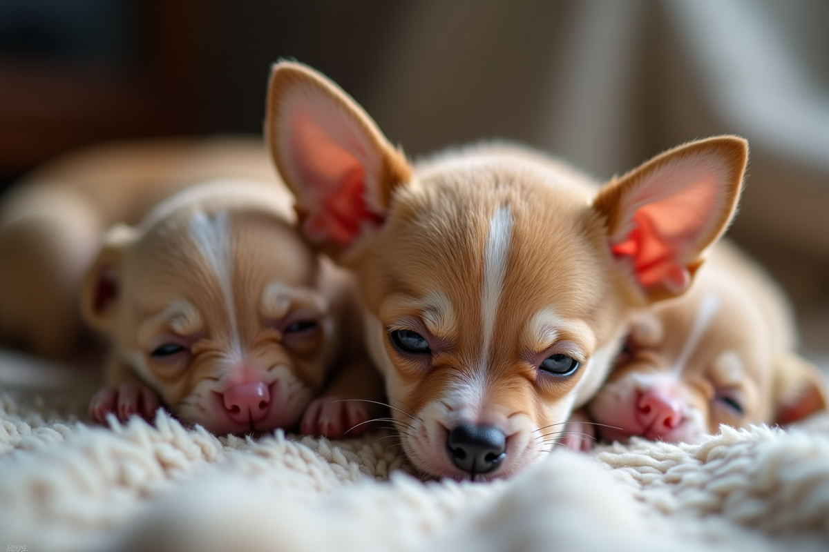 Nouveau-nés chihuahua dans un nid douillet