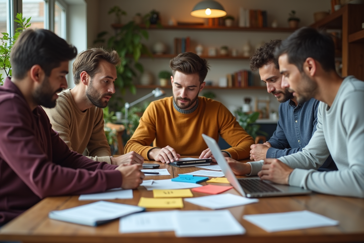Groupe diversifié discutant autour d une table à la maison