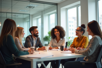 Groupe de collègues divers dans un bureau lumineux