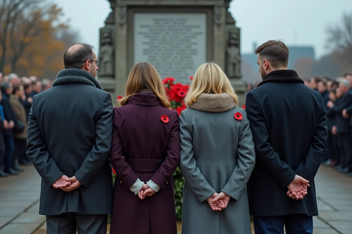 Groupe de personnes portant des coquelicots rouges lors d'une cérémonie commémorative devant un monument aux morts