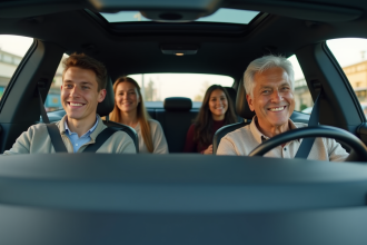 Groupe divers souriant dans une Tesla Model 3 moderne