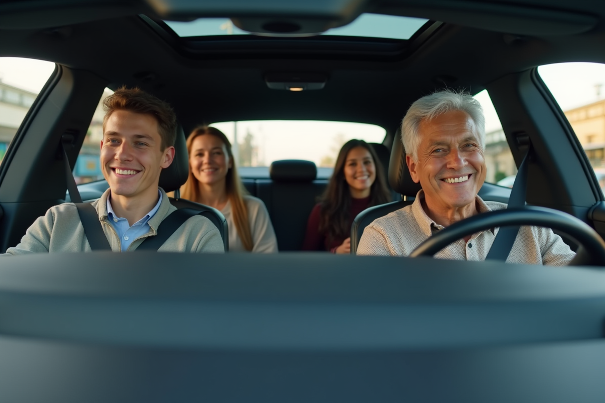 Groupe divers souriant dans une Tesla Model 3 moderne