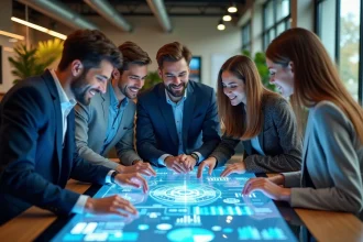 Groupe de jeunes professionnels autour d'une table digitale