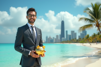 Homme d'affaires tenant un cochon d'or sur une plage tropicale